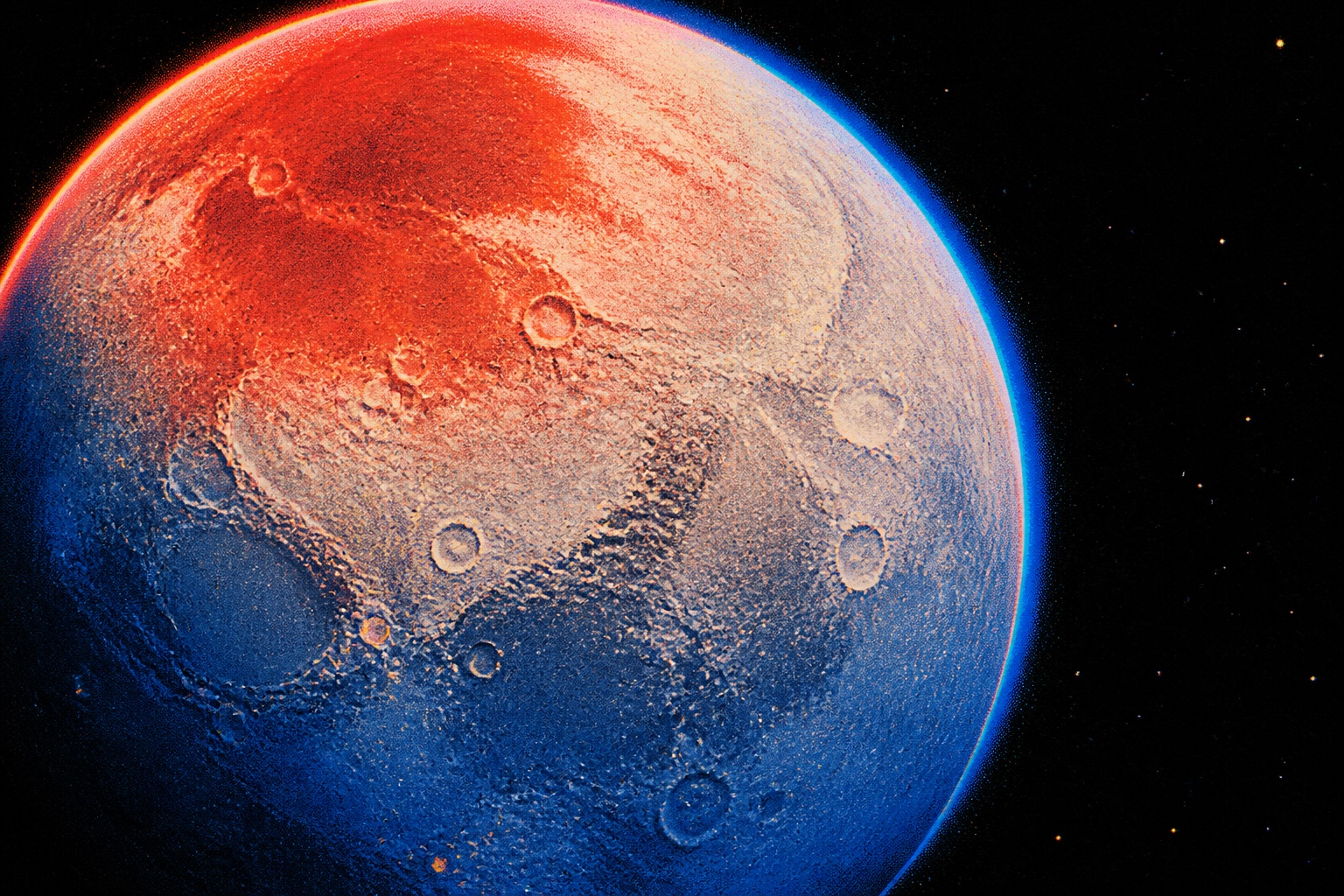 A coral and cobalt halftone portrait of Charon, Pluto's largest moon
