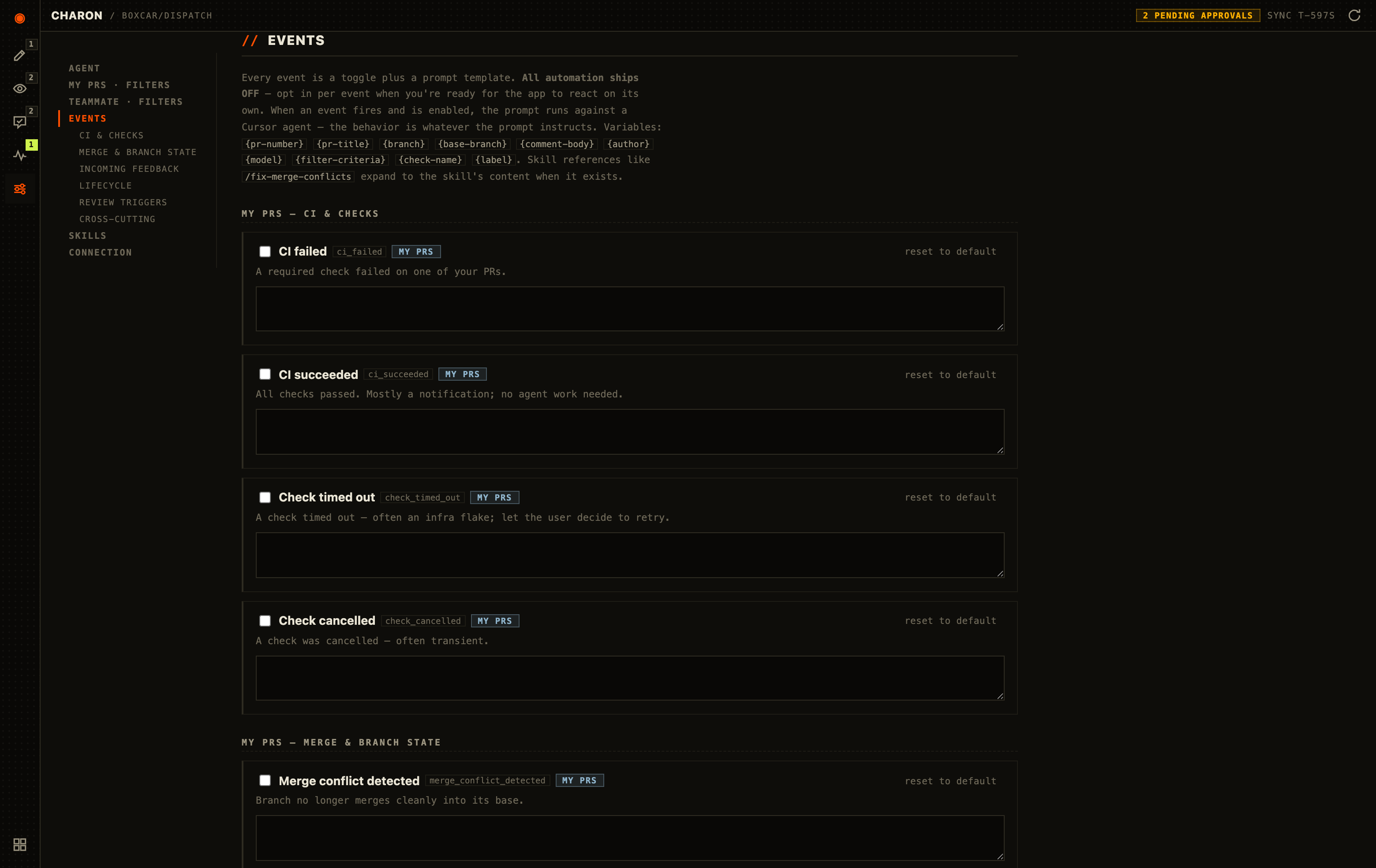 Settings event catalog